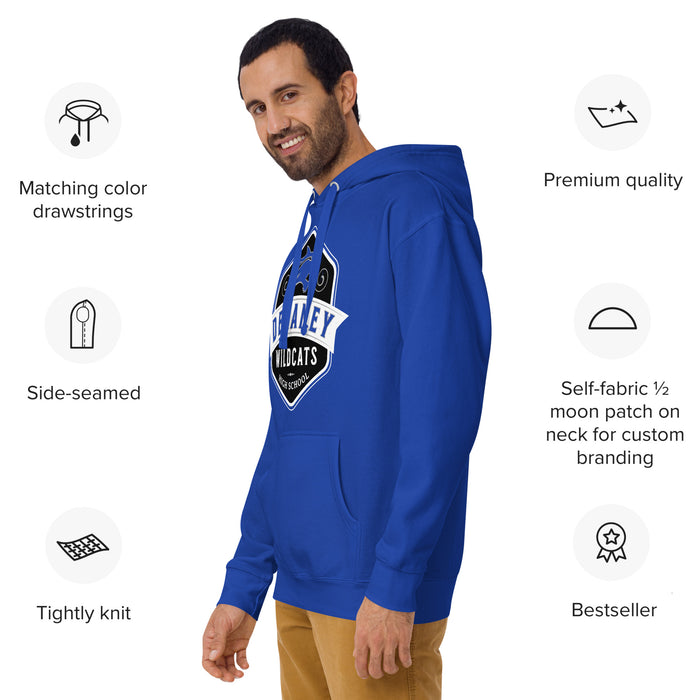 Man wearing Dekaney High School Wildcats Royal Blue Premium Unisex Hoodie 209