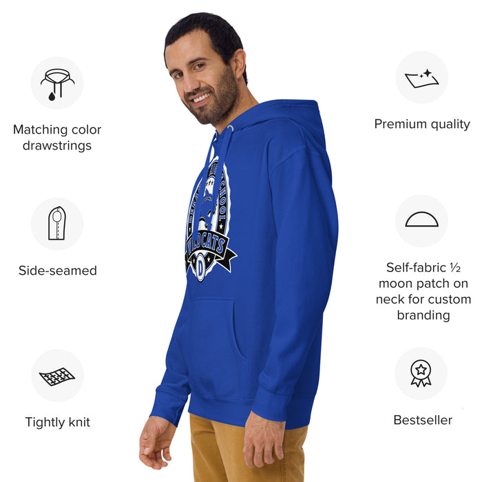 Man wearing Dekaney High School Wildcats Royal Blue Premium Unisex Hoodie 212