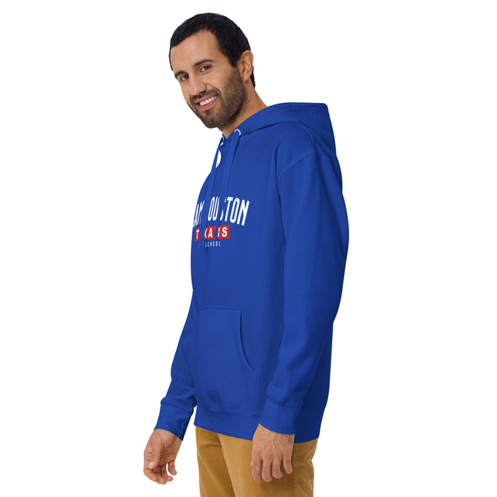 Man wearing Sam Houston High School Texans Royal Blue Premium Unisex Hoodie 021