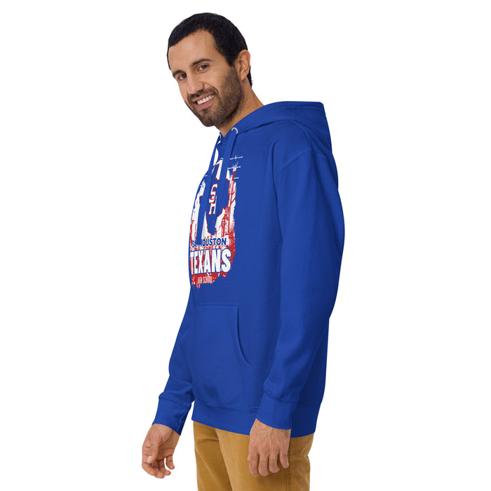 Man wearing Sam Houston High School Texans Royal Blue Premium Unisex Hoodie 202