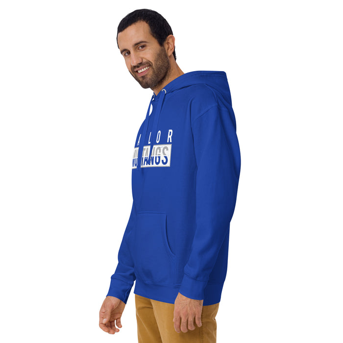 Man wearing Taylor High School Mustangs Royal Blue Premium Unisex Hoodie 031