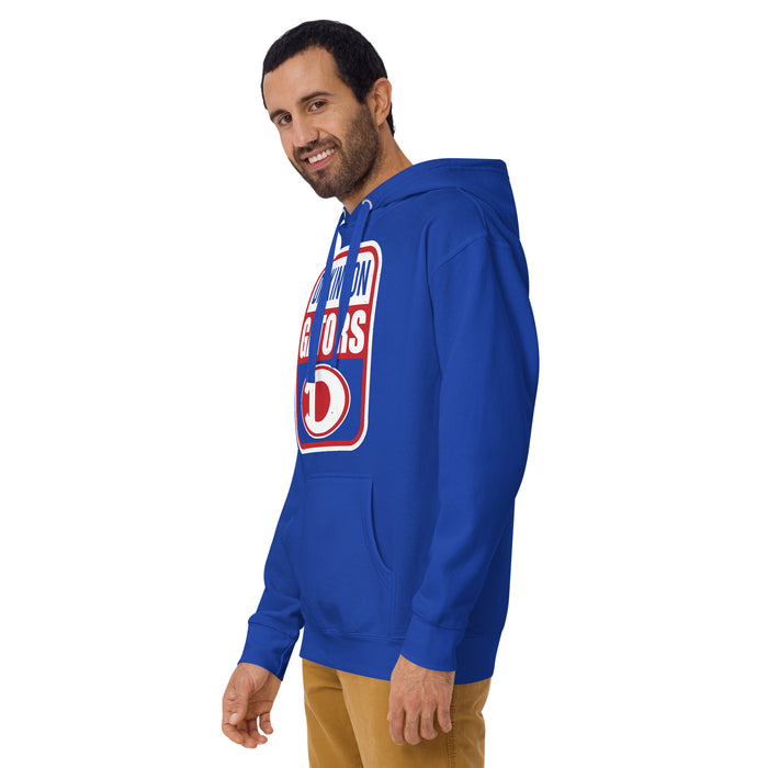 Man wearing Dickinson High School Gators Royal Blue Premium Unisex Hoodie 001