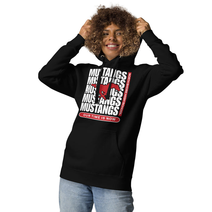Woman wearing North Shore High School Mustangs Black Premium Unisex Hoodie 235