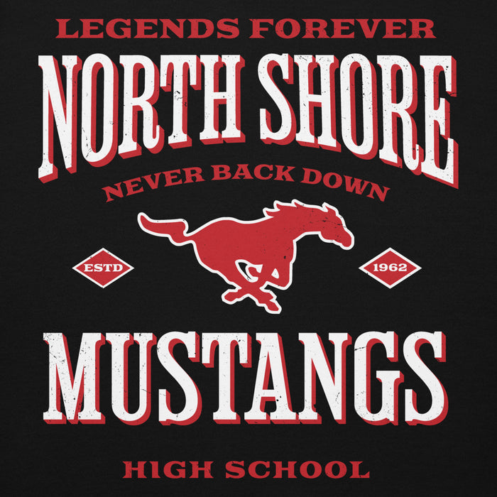 Close-up view of North Shore High School Mustangs Black Premium Unisex Hoodie 230