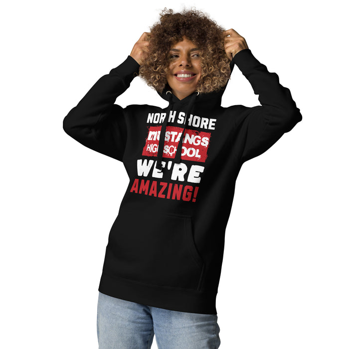 Woman wearing North Shore High School Mustangs Black Premium Unisex Hoodie 231