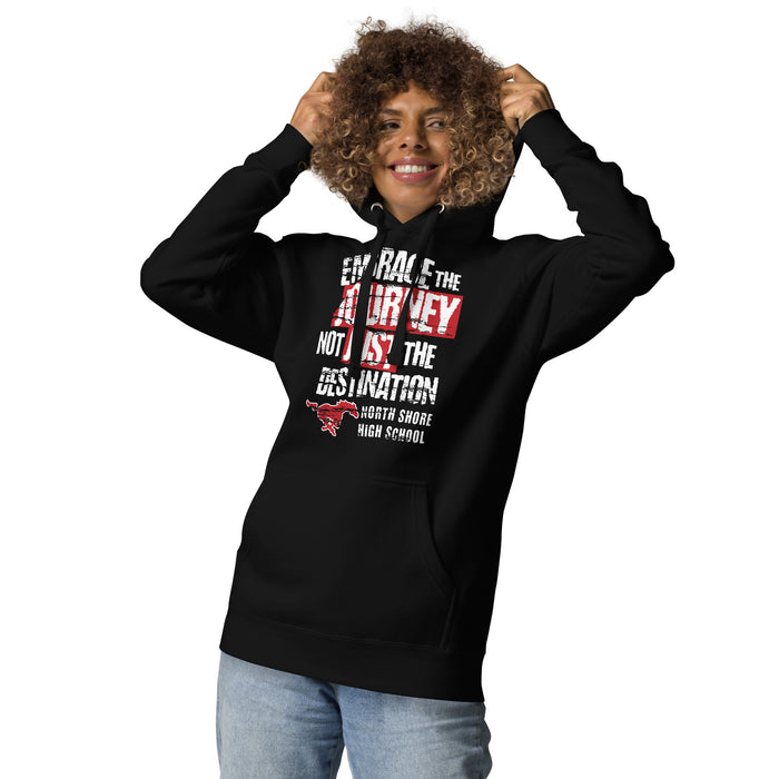 Woman wearing North Shore High School Mustangs Black Premium Unisex Hoodie 232