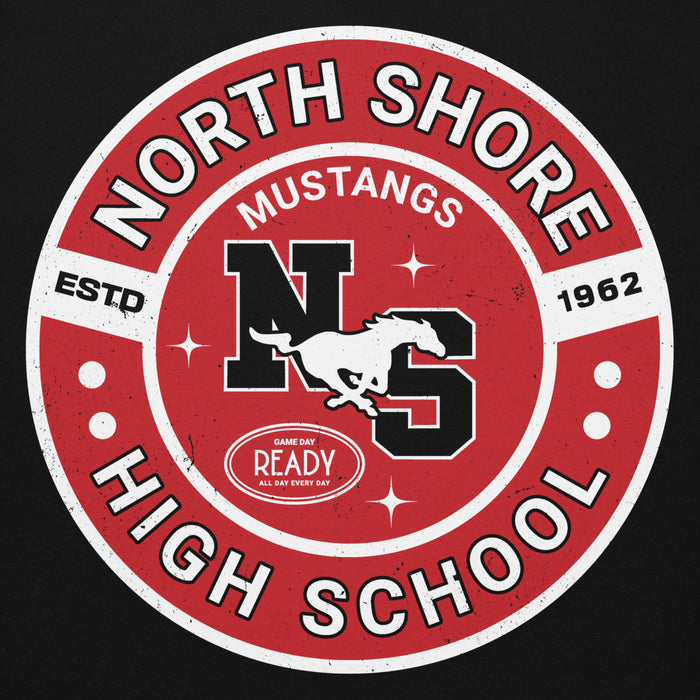 Close-up view of North Shore High School Mustangs Black Premium Unisex Hoodie 239