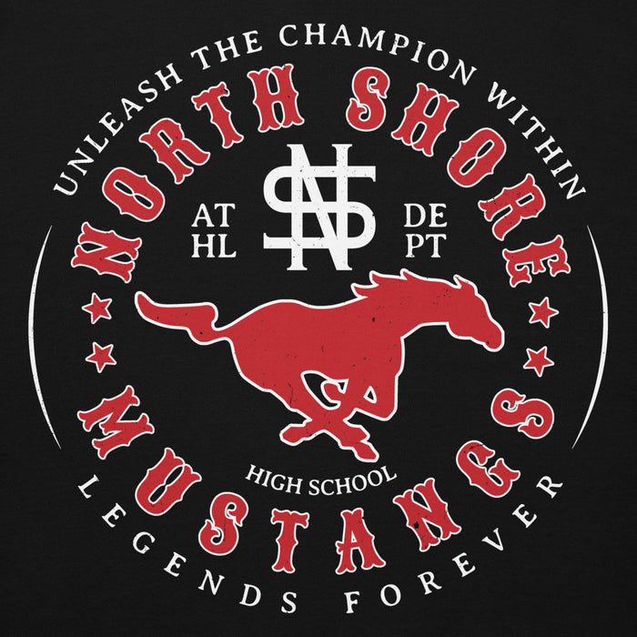 Close-up view of North Shore High School Mustangs Black Premium Unisex Hoodie 214