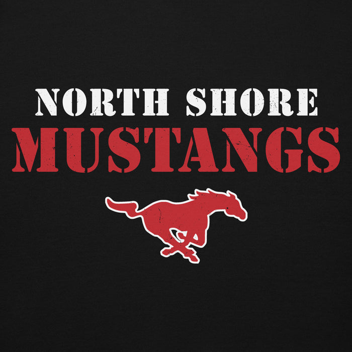 Close-up view of North Shore High School Mustangs Black Premium Unisex Hoodie 017