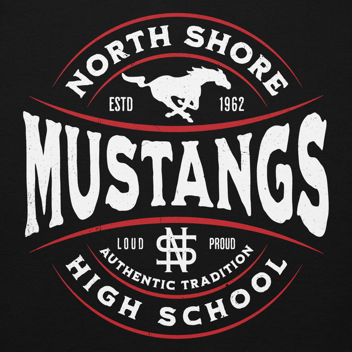 Close-up view of North Shore High School Mustangs Black Premium Unisex Hoodie 218