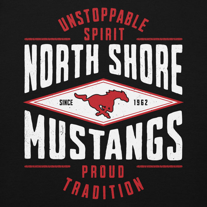 Close-up view of North Shore High School Mustangs Black Premium Unisex Hoodie 210