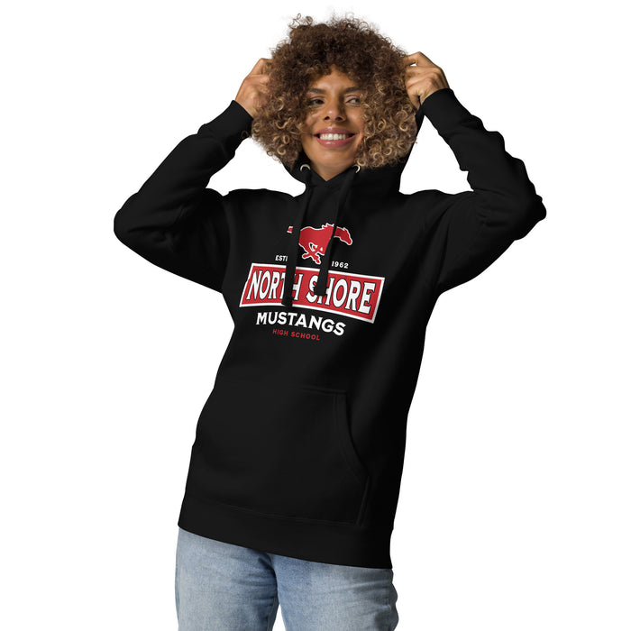 Woman wearing North Shore High School Mustangs Black Premium Unisex Hoodie 202