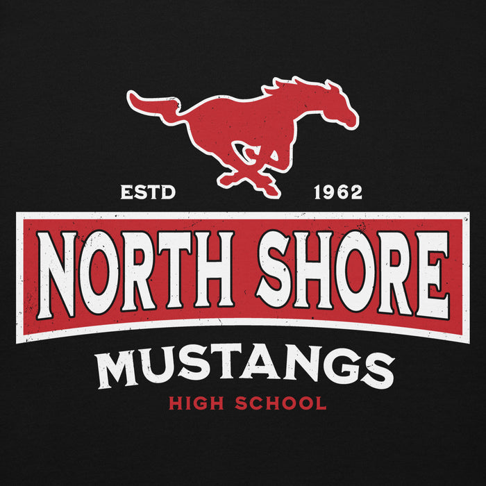Close-up view of North Shore High School Mustangs Black Premium Unisex Hoodie 202