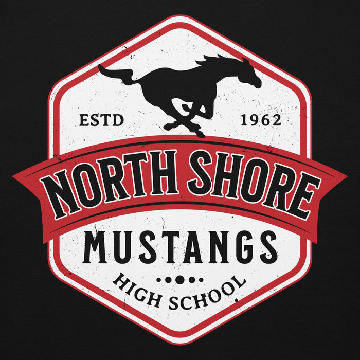 Close-up view of North Shore High School Mustangs Black Premium Unisex Hoodie 209