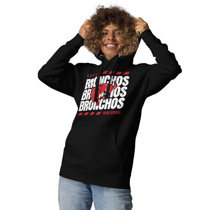 Woman wearing Odessa High School Bronchos Black Premium Unisex Hoodie 223