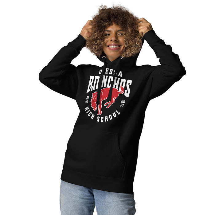 Woman wearing Odessa High School Bronchos Black Premium Unisex Hoodie 213