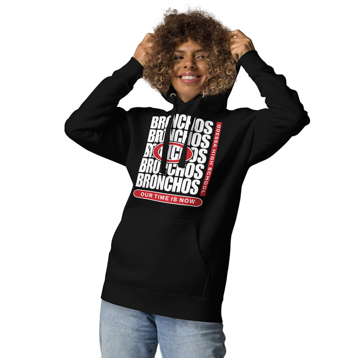 Woman wearing Odessa High School Bronchos Black Premium Unisex Hoodie 235