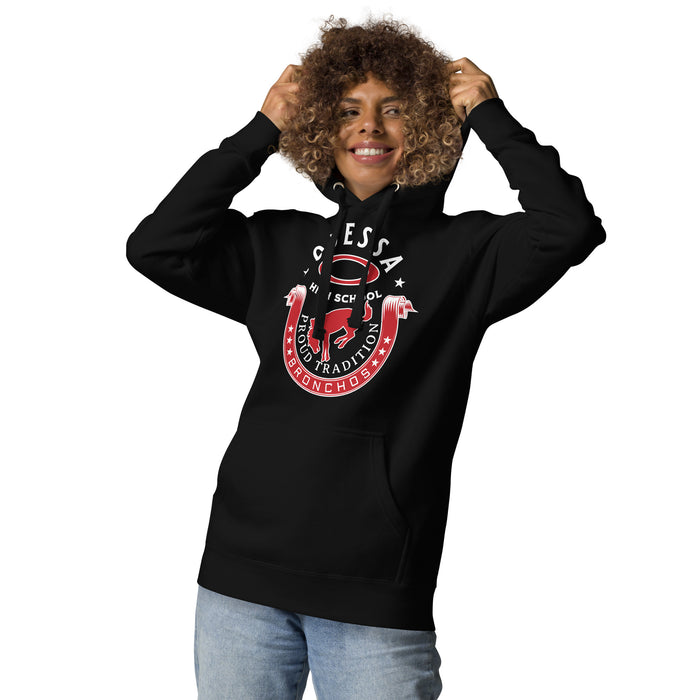 Woman wearing Odessa High School Bronchos Black Premium Unisex Hoodie 229