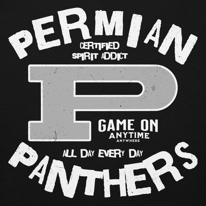 Black t-shirt with white text and logo for 'Permian Panthers' on a black background - premium hoodie design 228