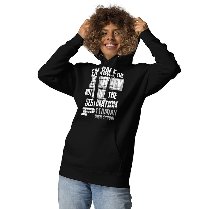 Woman wearing Permian High School Panthers Black Premium Unisex Hoodie 232