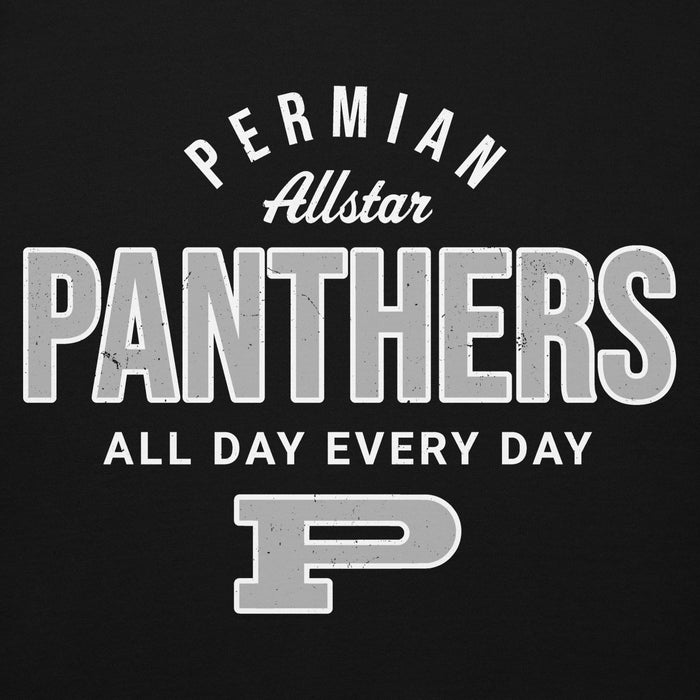 Black hoodie design with 'Permian Allstar Panthers All Day Every Day' text and panther logo. - Design 040