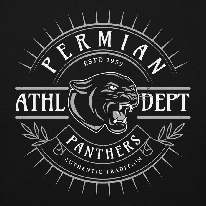 Logo of Permian Panthers Athletic Department with panther head and text on a black background - premium hoodie design 201