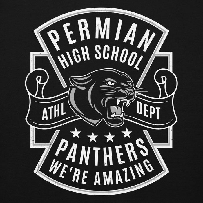 Black and white logo of Permian High School Panthers with panther mascot and text on a black background - Premium hoodie design 207