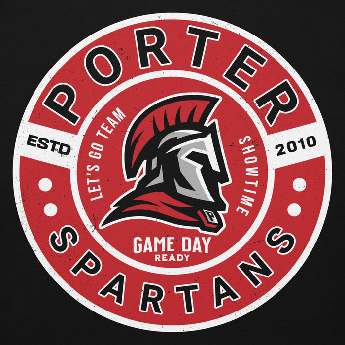 Circular logo with 'Porter Spartans' text and Spartan helmet design on a black background - premium hoodie design 239
