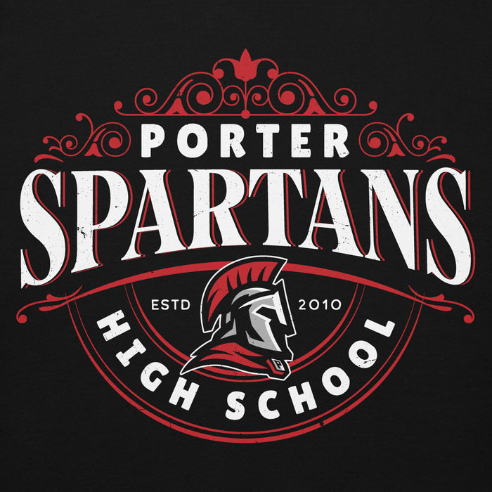 Porter Spartans High School logo with red and white text on a black background - premium hoodie design 211
