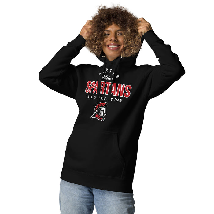 Woman wearing Porter High School Spartans Black Premium Unisex Hoodie 040