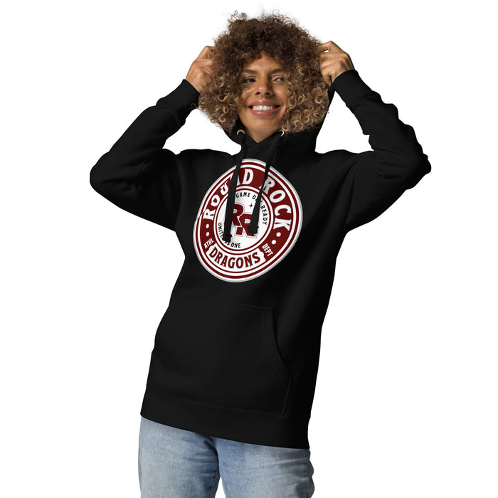 Woman wearing Round Rock High School Dragons Black Premium Unisex Hoodie 220