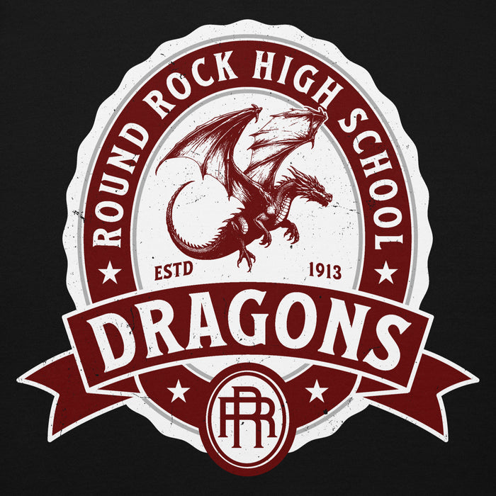 Close-up view of Round Rock High School Dragons Black Premium Unisex Hoodie 212