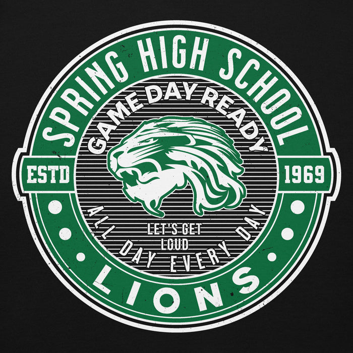 Close-up view of Spring High School Lions Black Premium Unisex Hoodie 224