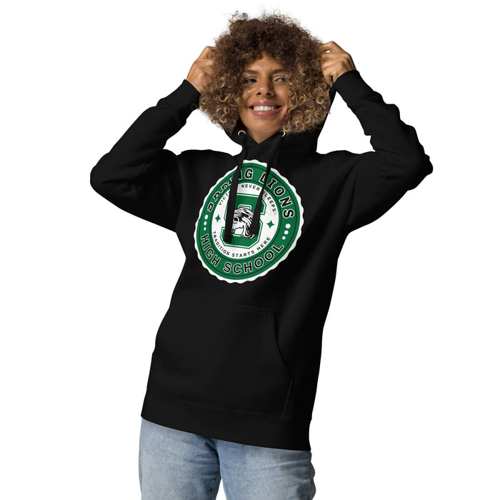 Woman wearing Spring High School Lions Black Premium Unisex Hoodie 216