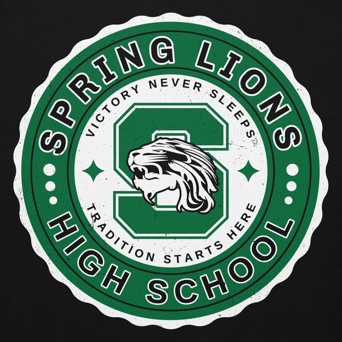 Close-up view of Spring High School Lions Black Premium Unisex Hoodie 216
