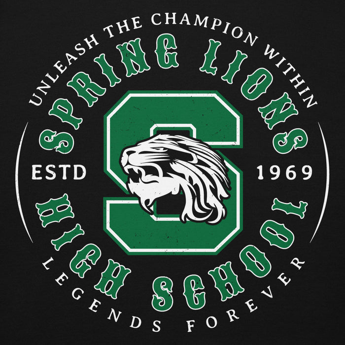 Close-up view of Spring High School Lions Black Premium Unisex Hoodie 214