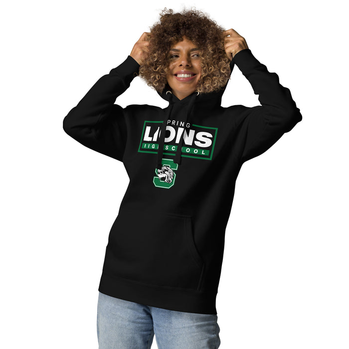 Woman wearing Spring High School Lions Black Premium Unisex Hoodie 049