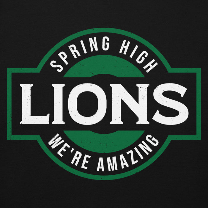 A circular graphic design on a black background featuring the words 'SPRING HIGH LIONS' in white distressed lettering, with 'WE'RE AMAZING' curved along the bottom. The design uses green and black with white text. Spring High School Lions Black Premium Unisex Hoodie 011