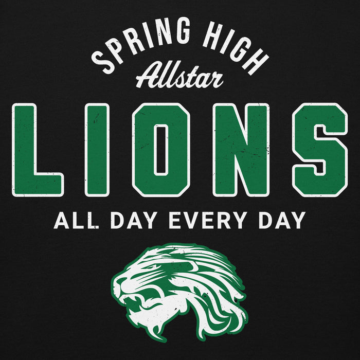 A black graphic print featuring the text 'SPRING HIGH, Allstar, LIONS, ALL DAY EVERY DAY' in white and green varsity-style lettering, with a green lion head logo below. Spring High School Lions Black Premium Unisex Hoodie 040