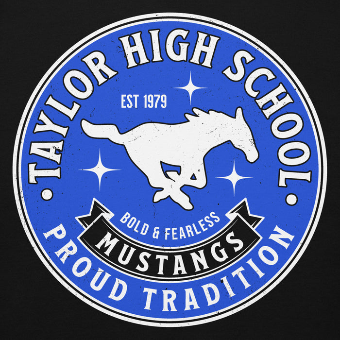 Close-up view of Taylor High School Mustangs Black Premium Unisex Hoodie 215