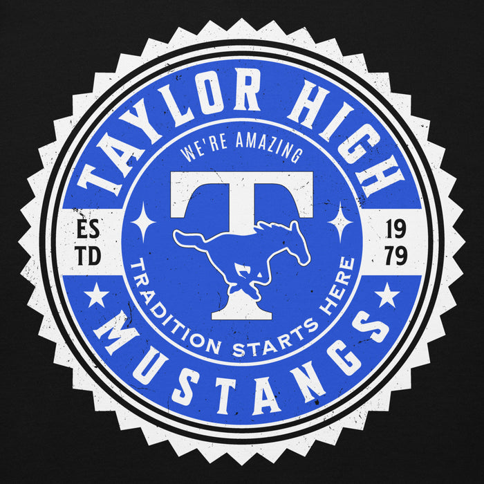 Close-up view of Taylor High School Mustangs Black Premium Unisex Hoodie 203