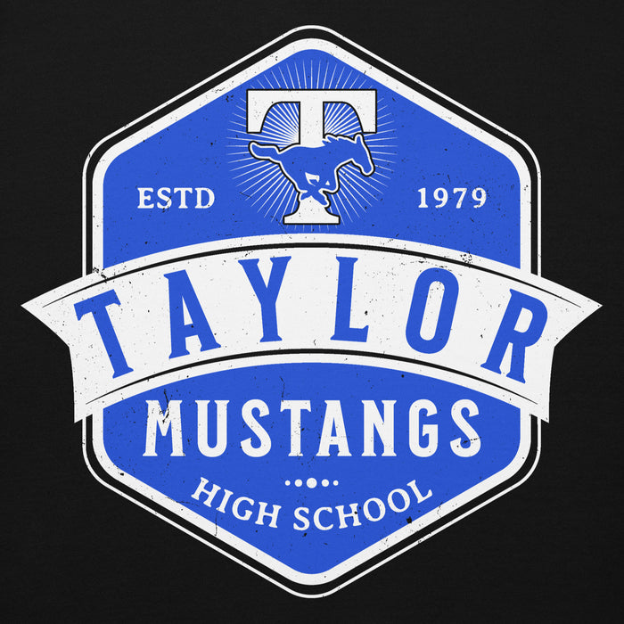 Close-up view of Taylor High School Mustangs Black Premium Unisex Hoodie 209