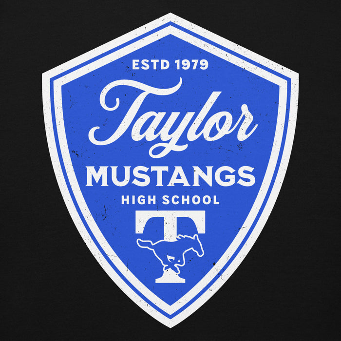 Close-up view of Taylor High School Mustangs Black Premium Unisex Hoodie 225