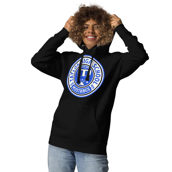 Woman wearing Taylor High School Mustangs Black Premium Unisex Hoodie 220