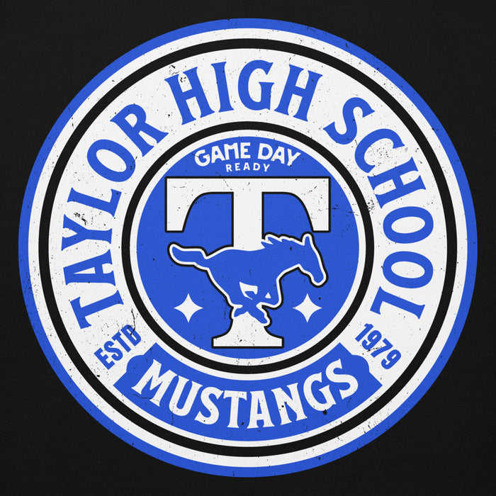 Close-up view of Taylor High School Mustangs Black Premium Unisex Hoodie 220