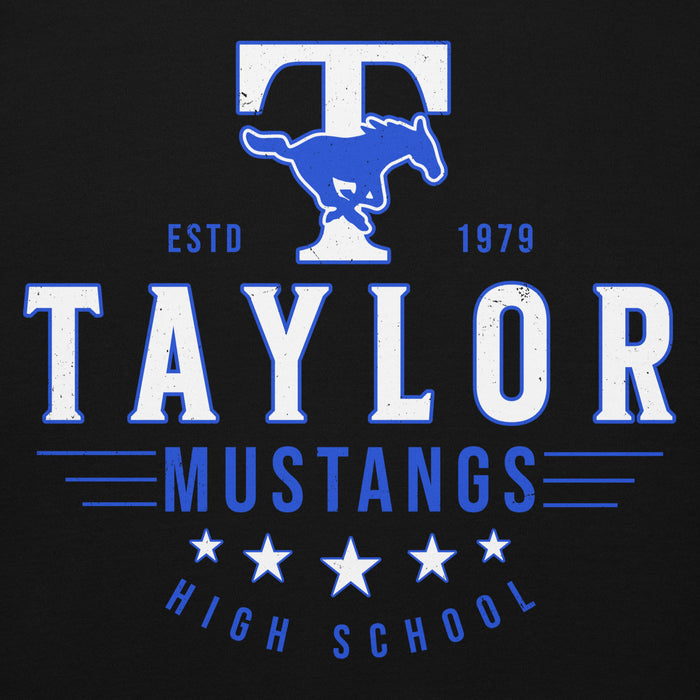 Close-up view of Taylor High School Mustangs Black Premium Unisex Hoodie 217