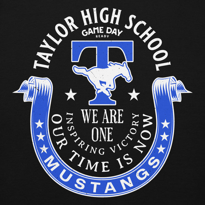 Close-up view of Taylor High School Mustangs Black Premium Unisex Hoodie 229