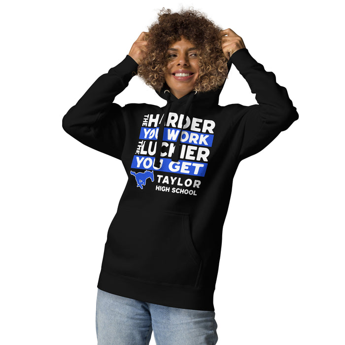 Woman wearing Taylor High School Mustangs Black Premium Unisex Hoodie 238
