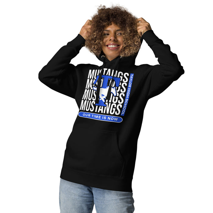 Woman wearing Taylor High School Mustangs Black Premium Unisex Hoodie 235