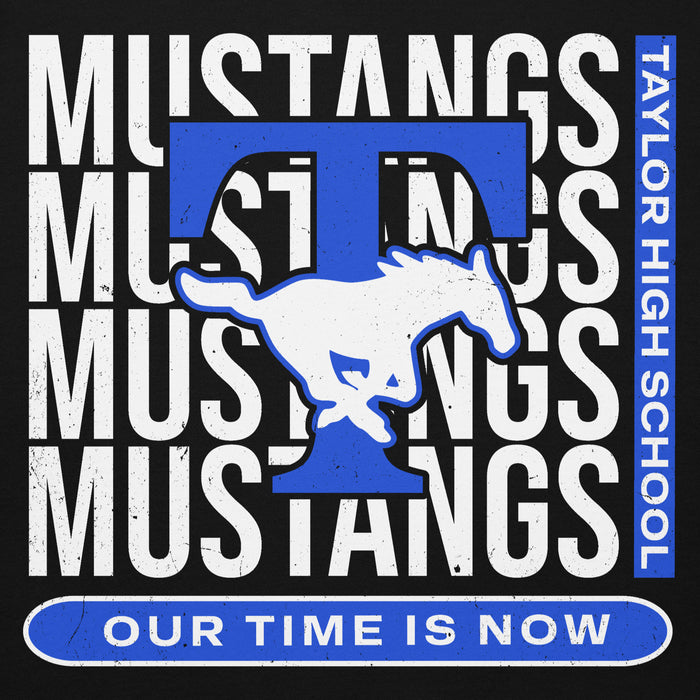 Close-up view of Taylor High School Mustangs Black Premium Unisex Hoodie 235